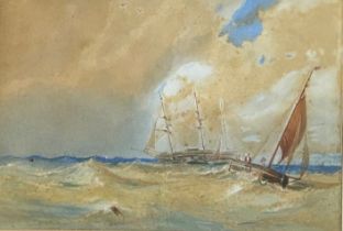 A LARGE WATERCOLOUR PAINTING ON PAPER, English school, early 19th century depicting two ships
