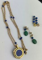 A 9CT GOLD LAPIZ LAZULI NECKLACE, inset with three diamonds, marked to the clasp, together with a