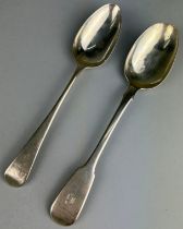 TWO GEORGE III SILVER TABLESPOONS, One by Richard Crossley, another by an unknown maker. Weight: