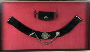 MILITARY INTEREST: A RIFLE-BRIGADE OFFICERS CROSS BELT AND POUCH, With white metal details.