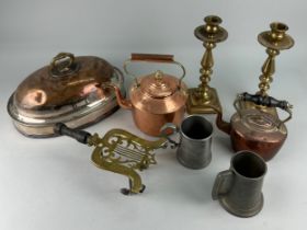 TWO ANTIQUE COPPER KETTLES TOGETHER WITH A BRASS TRIVET AND BRASS PLATED MEAT COVER ALONG WITH TWO