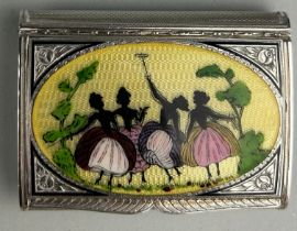 AN ENGINE TURNED SILVER SNUFF BOX WITH ENAMEL LID DECORATED WITH LADIES DANCING, Weight 154gms