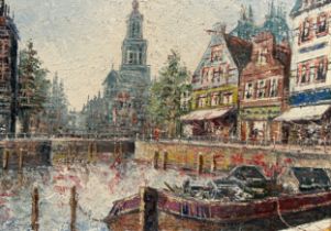 AN OIL ON CANVAS PAINTING OF A PARADE OF SHOPS BESIDE A CANAL, Most probably Amsterdam, Netherlands.