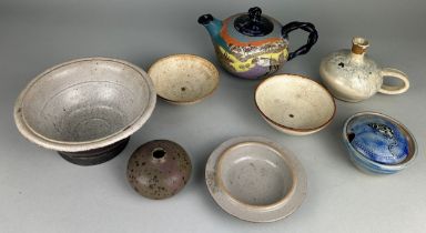 A COLLECTION OF STUDIO POTTERY, To include dishes, bowls, tea pot, jugs (Qty) various sizes