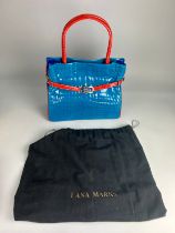 A LANA MARKS POSTIANO TRI-COLOUR ALLIGATOR SKIN HANDBAG, red, teal and cobalt blue with a front