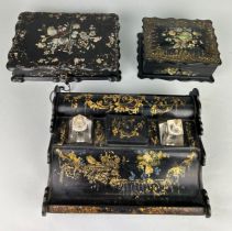 A VICTORIAN PAPIER MACHE AND MOTHER OF PEARL INLAID INKSTAND, along with two boxes with keys.