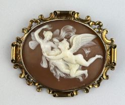 A LARGE CARVED SHELL CAMEO DEPICTING TWO ANGELS IN FLIGHT, MOUNTED IN 15CT GOLD ROCOCCO BORDER,