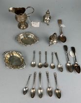 A COLLECTION OF SILVER TO INCLUDE CUTLERY, SUGAR SHAKERS, CUP, DISHES (18) Total weight: 480gms