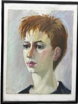 A 20TH CENTURY OIL ON BOARD PAINTING OF A LADY WITH SHORT HAIR, Mounted in a frame and glazed.