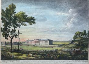 AN 18TH CENTURY HAND COLOURED ETCHING AND ENGRAVING OF 'THE VIEW OF THE LONDON HOSPITAL IN