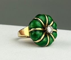 A FABERGE STYLE STATEMENT RING, GREEN ENAMEL AND GOLD WITH A CENTRAL DIAMOND. By repute custom