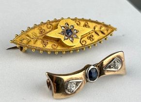 TWO ANTIQUE 9CT GOLD BROOCHES SET WITH TINY DIAMONDS AND SEED PEARLS. Weight 7.3gms