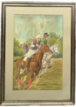 A LARGE WATERCOLOUR ON PAPER OF POLO PLAYERS ON HORSEBACK, Mounted in a frame and glazed.