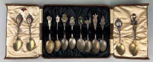 A SET OF TWELVE STERLING SILVER SPOONS, Each with enamelled handle for a different location, to