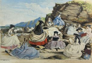 JOHN LEECH (1817-1864) chromolithograph of ladies at the beach, signed within mount by the artist