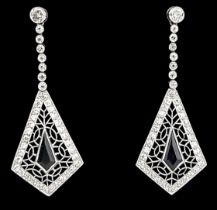 A PAIR OF EDWARDIAN ART DECO SAPPHIRE AND DIAMOND KITE DROP EARRINGS, Each with a central shaped
