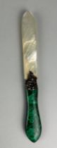 A MOTHER OF PEARL KNIFE WITH MALACHITE HANDLE AND WHITE METAL MOUNTS, 24cm Late 19th century.