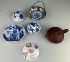 A COLLECTION OF CHINESE ITEMS, To include Chinese porcelain lids, a Japanese dish with brass handle,