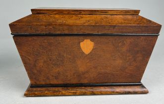 A GEORGIAN WALNUT TEA CADDY WITH INLAID TOP AND FRONT, The rising top revealing an inner lidded