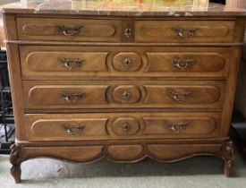 A 19TH CENTURY FRENCH PROVINCIAL BLEACHED OAK COMMODE WITH PINK VARIEGATED MARBLE TOP, Two short,