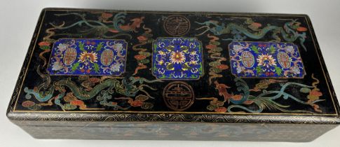 A CHINESE BLACK LACQUERED BOX DECORATED WITH DRAGONS, CLOUDS AND IMITATION CLOISONNÉ