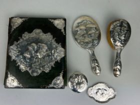 A SILVER DRESSING TABLE SET CONSISTING OF A HAND MIRROR, HAIRBRUSH, PIN TRAY, CUT GLASS JAR WITH