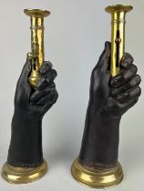 A PAIR OF FRENCH BRASS CANDLESTICKS IN THE FORM OF HANDS, 35cm h (each) (2)