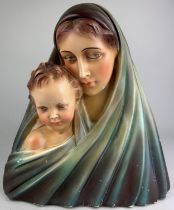 A PAINTED PLASTER BUST OF THE MADONNA AND CHILD, 34.5 cm h x 31cm w
