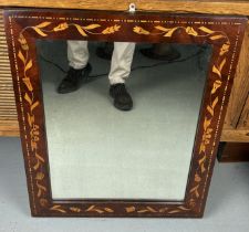 A 19TH CENTURY DUTCH ROSEWOOD WALL MIRROR MARQUETRY INLAID WITH FLORAL BORDER, 73.5cm h x 59cm w