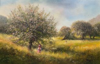 AN OIL ON CANVAS PAINTING OF TWO GIRLS IN A FIELD ON A SUMMERS DAY. Signed indistinctly 'Dyce'.
