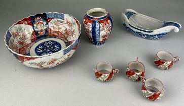 A COLLECTION OF JAPANESE CERAMICS, to include Imari bowl and vase, sauceboat with blue and white