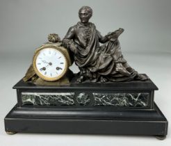 A FRENCH SLATE MANTLE CLOCK WITH A BRONZE FIGURE READING A BOOK, possibly Voltaire 44cm x 34cm x