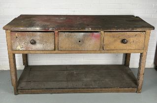 A 19TH CENTURY COUNTRY HOUSE PINE DRESSER BASE WITH THREE DRAWERS AND LARGE PLANK TOP. 165cm x