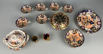 A SET OF SIX JAPANESE IMARI PATTERN TEA CUPS AND SAUCES, Along with one plate, an unrelated Royal