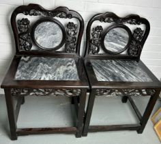 A PAIR OF CHINESE HARDWOOD CHAIRS WITH MARBLE INSERTS LATE 19TH CENTURY OR EARLY 20TH,