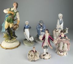 A COLLECTION OF EIGHT CERAMIC FIGURES, One marked 'Genoa', another Lladro, Royal Copenhagen,