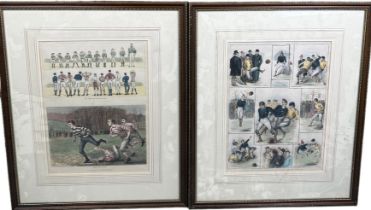 FOOTBALL INTEREST: A PAIR OF HAND COLOURED ENGRAVINGS OF FOOTBALLERS IN ACTION, To include 'Sketches