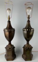 A PAIR OF ITALIAN CLASSICAL METAL URN TABLE LAMPS ON PEDESTAL BASES, 70cm h (each) (2) Each