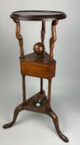 AN UNUSUAL MAHOGANY VICTORIAN LAMP TABLE OR TORCHERE WITH REEDED TRIPOD SUPPORTS, 49cm w x 79cm h