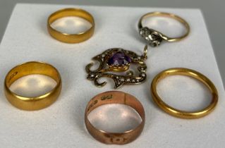 A COLLECTION OF GOLD RINGS, To include: two 22ct marked gold wedding bands (7.3gms) One tested