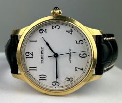 A FABERGE AGATHON 18CT GOLD GENTLEMANS WRISTWATCH, Some damage to face over numeral eight.