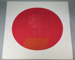 DERRICK GREAVES (1927-2002) Untitled aquatint of a still life on an easel, with a red background.