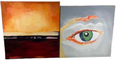 TWO CONTEMPORARY OIL ON CANVAS PAINTINGS, One abstract and another depicting an eye. Both