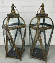 A PAIR OF ANTIQUE METAL AND GLASS GARDEN LANTERNS, 65cm h (each) (2) Used condition, with marks