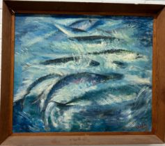A LARGE MID CENTURY OIL ON CANVAS PAINTING OF A SHOAL OF FISH, Signed E.Breslin 1958. Mounted in a