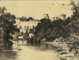 A 19TH CENTURY ETCHING OF A FIGURE ROWING A BOAT ON A RIVER WITH A CASTLE IN THE BACKGROUND, Mounted