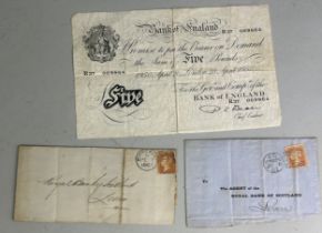 WHITE FIVE POUND NOTE - SIGNED BEALE APRIL 1950, Along with two 1861 covers 'To the Agent of the