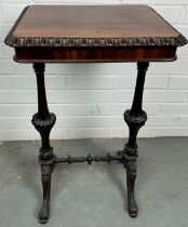 A 19TH CENTURY ROSEWOOD SIDE TABLE WITH CARVED DOLPHIN SUPPORT LEGS. 70cm x 38cm