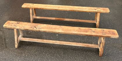 A PAIR OF RUSTIC FRENCH PINE BENCHES, 220cm w x 33cm d x 46.5cm h (each) (2)