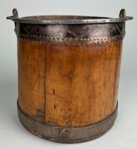 A 19TH CENTURY WOODEN WATER BUCKET, 20cm h x 19cm diameter